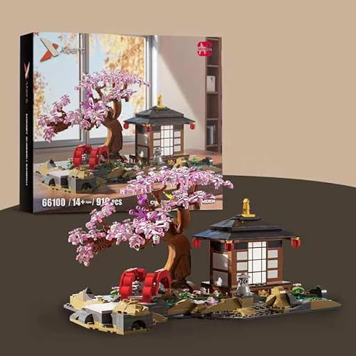 Menbis Narwhals 916 Piece Japanese Zen Garden Building Set, Cherry Blossom Bonsai Tree House DIY Block Kit, Tranquil Japanese Courtyard