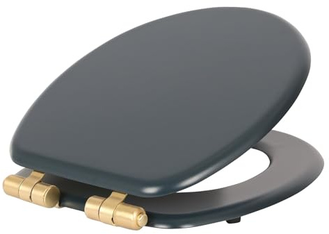 Harbour Housewares Soft Close Wooden Toilet Seat - Blue/Gold - Pack of 1 | Oval-Shaped Antibacterial Loo Lid with Easy Install Universal Hinges, Fixings & Fittings for Bathroom Toilet Replacement