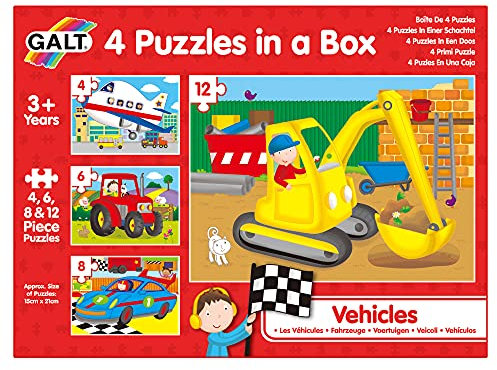 Galt 4 Puzzles in a Box - Fun Colourful Vehicle Jigsaw Puzzles for 3 Year Olds - 4 in 1 Childrens Puzzle Collection - Matching and Sorting Skills - 4, 6, 8 and 12 Piece Kids Puzzles Set - Ages 3 Plus