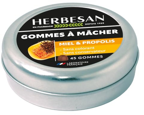 HERBESAN®- GOMMES MIEL & PROPOLIS - Confort de la gorge - Fabrication française - Boîte métal - 45 gommes à mâcher