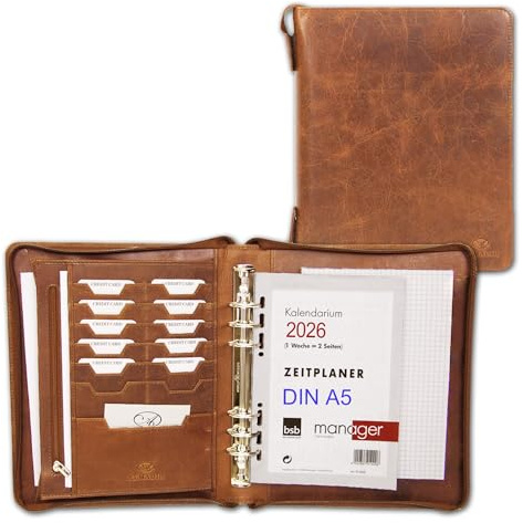 ALMADIH - Leder A5 Organizer mit Ringmechanik Reißverschluss, Kalender 2026 Schreibblock Premium Rindsleder Braun Deluxe Ledermappe Mappe Terminplaner Systemplaner Konferenzmappe (A5-O-BD)