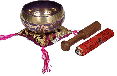 Tibetan Singing Bowl Set By Dharma Store - With Traditional Design Tibetan Buddhist Prayer Flag - Handmade in Nepal (Purple)