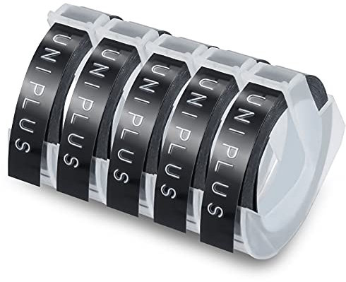 UniPlus 5x Kompatibel 3D Prägeband als Ersatz für Dymo Embossing 3D Prägeetiketten Weiß auf Schwarz für Dymo Omega S0717930 Junior Motex E101 E303 Embosser, Old Rotex Embosser Prägegerät, 9mm x 3m