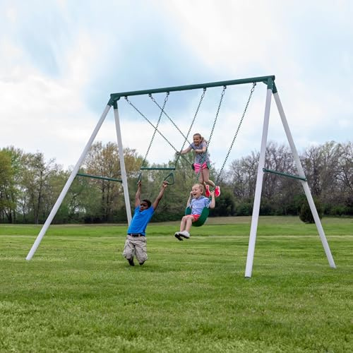 Backyard Discovery Big Brutus Galvanized Steel Swing Set Kit with Classic A-Frame, Two Belt Swings, One Trapeze Bar, Easy Assembly, Heavy-Duty Powder-Coated Steel, Weather-Resistant, Outdoor Playset