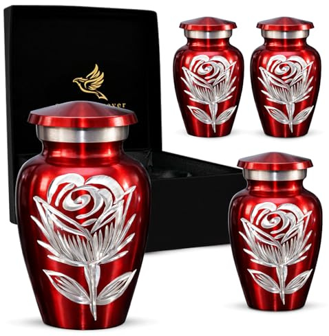 Mini Urns Set of 4 – Rose Urn for Ashes for Women with Velvet Box - A Beautiful Memorial to Cherish Their Life & Love Forever (Red, Set of 4)