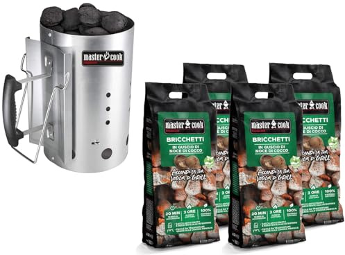 Ciminiera Accenditore Barbecue con Impugnatura di Sicurezza in Alluminio + Bricchette 8 kg, Accendi Carbonella Barbecue Diametro 19 Cm E Altezza 30 Cm, Capienza Oltre 1,5 kg