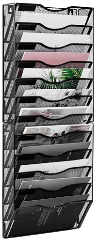 TQVAI 12 Pockets Wall File Holder, Mesh A4 Wall Mounted Document Holder, Hanging Wall Magazine Storage Rack, Desk Stationary Tidy Organiser in Tray for Office School Accessories, Black