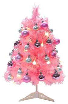 LICHENGTAI 45cm Mini Weihnachtsbaum Rosa Tannenbaum Kleiner Künstlicher Weihnachtsbaum mit Weihnachtskugeln und LED Beleuchtung, Geeignet für Weihnachten Partys Zuhause Drinnen und Draußen