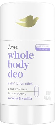 Dove Whole Body Deo Aluminum Free Anti-Friction Deodorant Stick Coconut + Vanilla for All Day Odor Control 2.6 oz