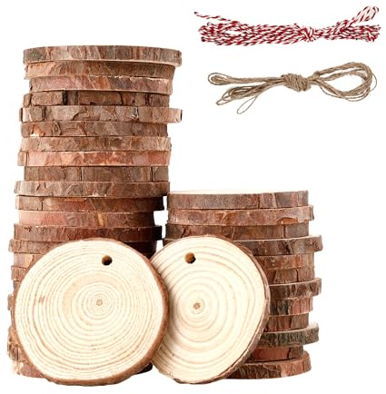 40 Stück Holzscheiben 5-6 cm,Rund Holzscheiben zum Basteln mit zwei Baumwollschnüren,Holzscheibe aus Holz mit Löchern,Baumscheiben Unvollendete,für Heimwerken,Basteln,Hochzeiten dekorationen (5-6CM)