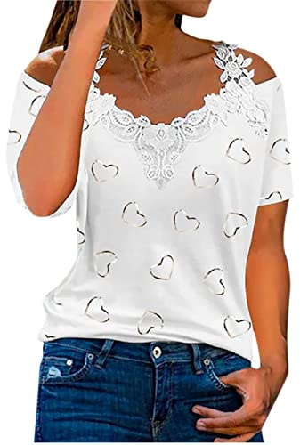 2024 Camiseta Mujer Elegantes,Camisetas Manga Corta Mujer Holgada Casual Camisa Cuello En Pico con Tirantes De Encaje Vintage Camiseta con Colorido Estampado Mariposa Camiseta Blanca Mujer