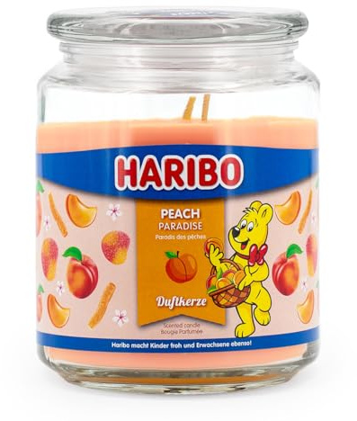 Haribo Duftkerze im Glas mit Deckel | Peach Paradise | Kerze Fruchtig | Kerzen lange Brenndauer (100h) | Geschenke für Frauen | Duftkerze Groß (510g)