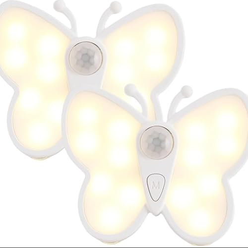 Deyagoo Nachtlicht mit Bewegungsmelder, 2 Stück Schmetterling LED Nachtlampe mit Strahler USB Wiederaufladbar, Stufenloses Dimmen Treppenbeleuchtung für Treppe, Flur, Badezimmer, Kinderzimmer, Küche