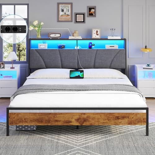 Brinlawb marco de cama matrimonio 180x200 cm con regleta de enchufes integrada (2 tomas AC y 2 USB) tira de luz LED, somier 180x200 cm, cama 180x200 con estructura de metal y cabecero. Fácil de montar