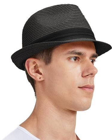 Zylioo L Trilby Fedora Strohhut für Großen Kopf,Stroh Sonnenhut Herren mit Roll UP Krempe,UV-Schutz Sommerhut Strandhut