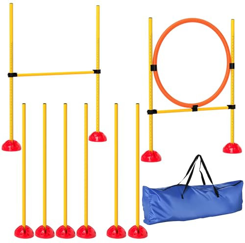 PawHut Agility Set Hunde 3-teiliges befüllbar Agility-Ausrüstung für Hundetraining Steckhürdenset mit Slalomstangen höhenverstellbar Hürden Sprungring Koordinationstraining für Spiele Training