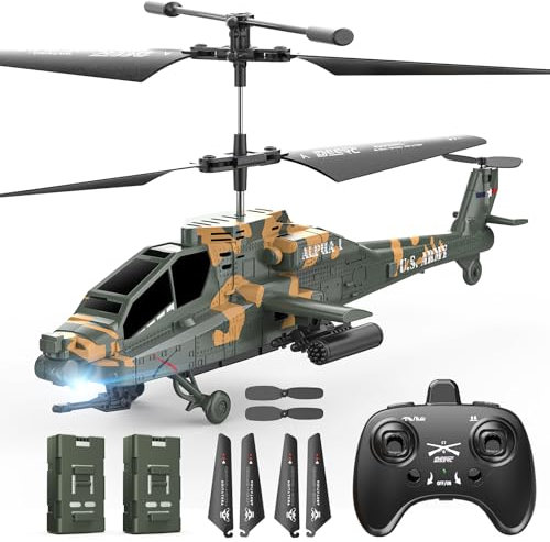 DEERC Apache RC Helikopter für Erwachsene und Kinder, 2,4 GHz Militär RC Hubschrauber, 2 Batterien, 26 Minuten, LED-Lichter, Höhenhaltung, EIN-Knopf-Start, Indoor-freundlich, Geschenk für Jungen