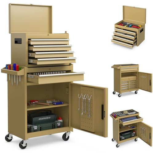 GYMAX Servante d'Atelier Outils, Coffre Amovible, 5 Tiroirs, 2 Grande Étagère, Caisse à Outil Roulante, Chariot d'Atelier, 4 Roues Universelles(2 avec Freins), Établi pour Bricolage Automobile (Jaune)