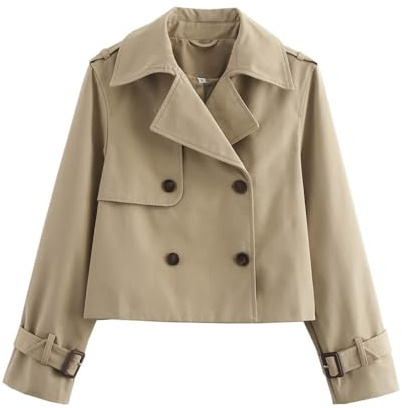 Cropped Trench Coat for Women Long Sleeve Double Breasted Notched Lapel Casual Loose Fit Jackets with Pockets Short Jacket Outwear (Khaki, S)