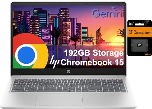 HP Chromebook 15 Laptop ( 15.6 Anti-Glare, Intel N200, 8GB DDR5 RAM, 192GB Storage (64GB eMMC + 128GB SD), 4-Core(> i3-1115G4), Numeric KB) Home & Student, Wi-Fi, Webcam w/Shutter, Chrome OS, Silver