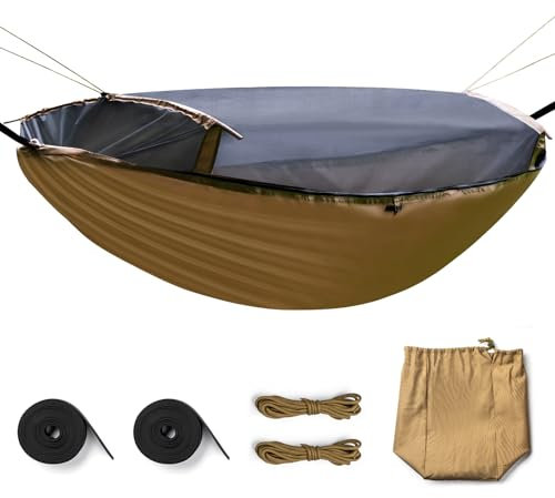 FREE SOLDIER Hängematte Outdoor Hängematte mit Moskitonetz - Ultraleicht Reise Hängematte 250 KG Tragfähigkeit für Camping Garten Survival Wander(Braun, 282 x 103 cm)
