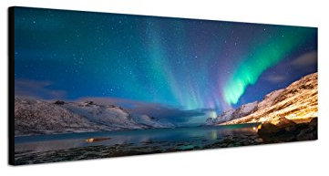 Wandbild auf Leinwand als Panorama in 150x50cm Norwegen See Berge Nacht Polarlichter