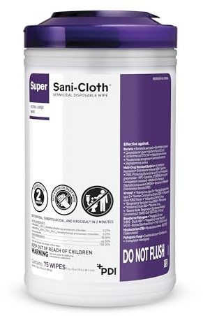 Super Sani- Cloth Germicidal Disposable Wipe, X-Large 5'' x 8'' Wipe, Pop Up Dispenser of 65