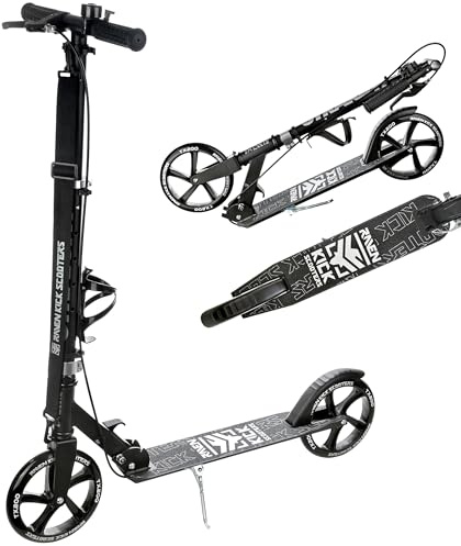 RAVEN Scooter Monopattino per bambini adulti | pieghevole | regolabile in altezza | cinghia di trasporto | campanello | portabottiglie (Straight Black/Silver with handbrake, 200mm)