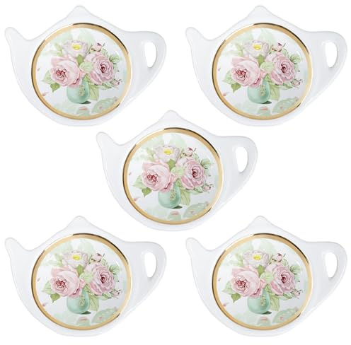 Bicuzat Floral Tea Bag Holder with Golden Trim Tea Porcelain Accessories Teapot Shaped Tea Bag Coaster Resting Caddy Saucer 4 Inch/10cm-Set of 5