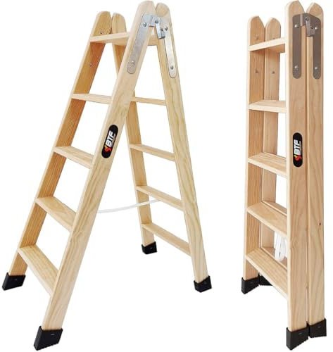 BTF® Escaleras Tijera de Madera Pino Doble Subida Certificadas. Ideal para Profesionales Pintor, Escayolista, Electricista o hasta para su hogar! 5+5 Peldaños, H.121 cm. Ref. BTF-MDP005