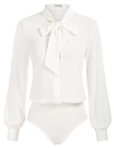 Kate Kasin White Button Down Collared Shirt Women Long Sleeve Bodysuit Bow Tie Blouse Dressy Casual Fall Tops 2025 M