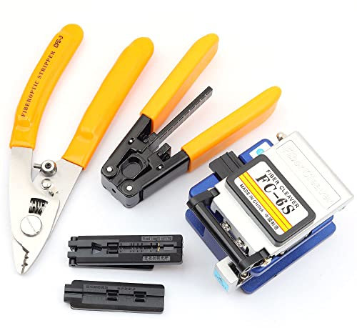 FTTH optical fiber tool kit with 36000 cutter FC-6S and optical fiber drop cable optical fiber stripper CFS-3 stainless steel Adjustable openin three-port hole optical fiber cold connection (5 in 1)