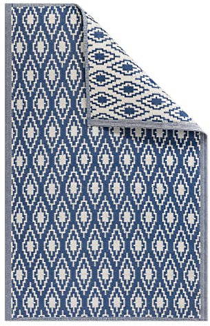 JEMIDI Outdoor Teppich 120x180cm groß - Terrassenteppich Balkonteppich Außenteppich - Balkon Teppich Garten Läufer Gartenteppich - Raute Muster Dunkelblau