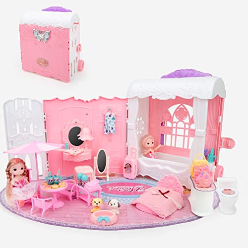 deAO Casa de muñecas portátil 2 en 1 Rosa para niños, Muebles Plegables, Juguete Familiar, Maleta para niños y Mini casa de muñecas con Dormitorio de Princesas, baño
