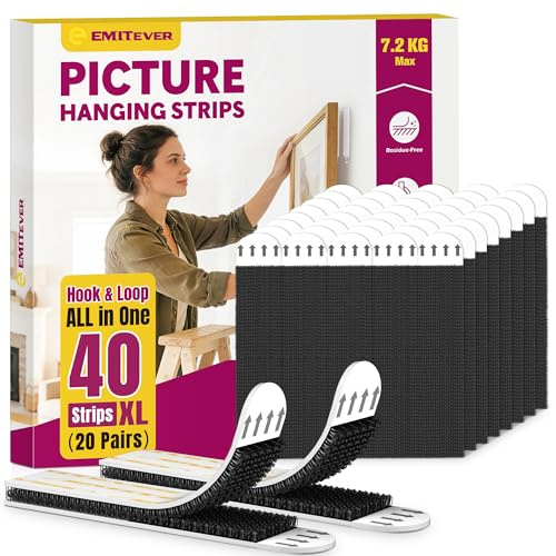 Emitever Picture Hanging Strips Heavy Duty, XL-20 Pairs(40 Strips), Holds up to 7.2 KG, No Damage Picture Adhesive Strips, Hook and Loop Mounting Tape Black