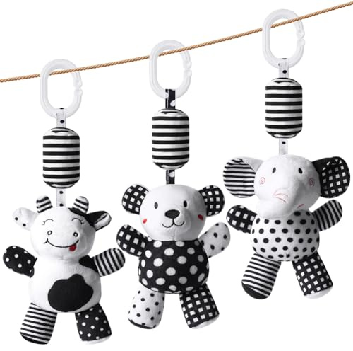 Aolso Barnvagnsleksak - 3 St Hängande Skallra med Svart-Vit Design, Babyhängleksak för Bilbarnstol, Nyfödd, Pojkar och Flickor (Liten Björn/Kalv/Elefant)