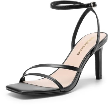 DREAM PAIRS Sandalias de tacón alto con punta abierta para mujer, tacones de aguja, correa de tobillo, tacones cuadrados, sexy, cómodas, con tiras, para vestido, zapatos de fiesta y boda, Negro PU, 41