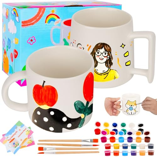 Vuxava Kit Tazze da Dipingere – Set Ceramica Fai da Te con Colori e Pennelli – Tazza Personalizzabile per Adulti & Bambini – Idea Regalo Creativa per Compleanno o Natale