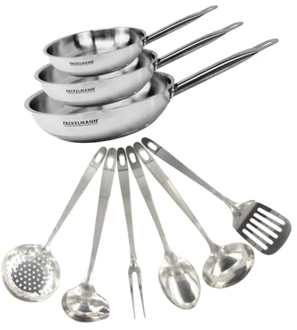 Fackelmann 9439850 Set 3 poêles de 20, 24 et 28 cm inox 18/8 et 6 ustensiles inox, Poêle tous feux, Poêle induction, Poêle sans PFAS, Manche riveté, Inox, 20 24 et 28 cm