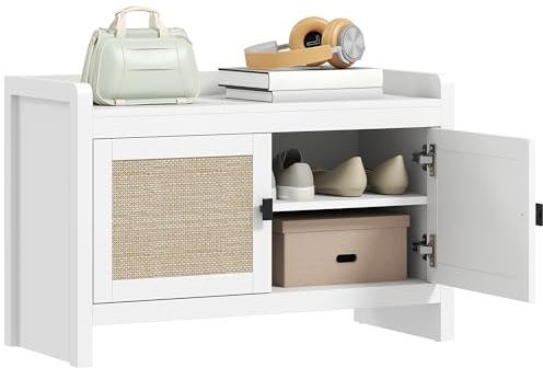 HOMCOM Banco Zapatero Bohemio, Mueble Zapatero, Banco de Almacenamiento con Frentes de Ratán, Puertas, Estante Extraíble, para 8 Pares de Zapatos, para Dormitorio o Entrada, 80x35x52 cm, Blanco