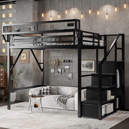 KEIKI full size metal loft bed frame with convertible staircase, built-in storage shelves and wardrobe, Loft bed with solid boards, guardrail, no drawer spring required, easy assembly, for bedroom