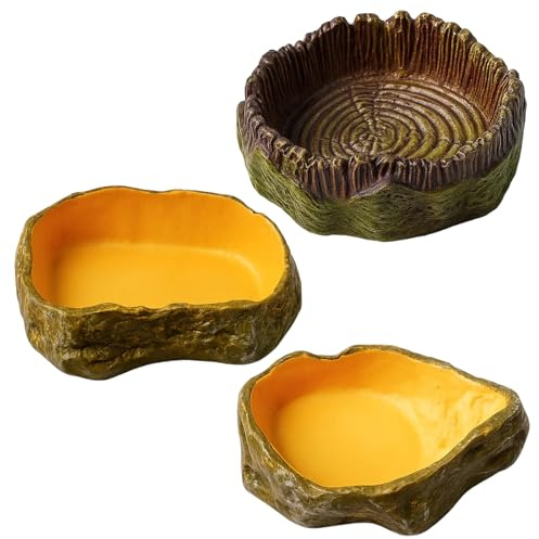 GYTFOG 3Pcs Tortoise Water Bowl Set, Reptile Water Dish and Food Bowls, Durable Tree Stump Cup and Feeding Dishes for Tortoise Lizard Frog Gecko Snake Chameleon, Easy to Clean Reptile Accessories