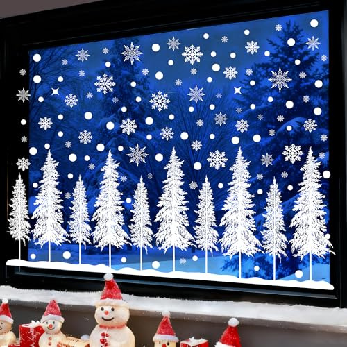 SHATOO 10 Christmas Tree Christmas Window Stickers, 232Pcs Xmas Window Stickers Reusable, Snowflake Christmas Window Clings Decals Double Sided, Winter Christmas Decorations for Window Glass Door