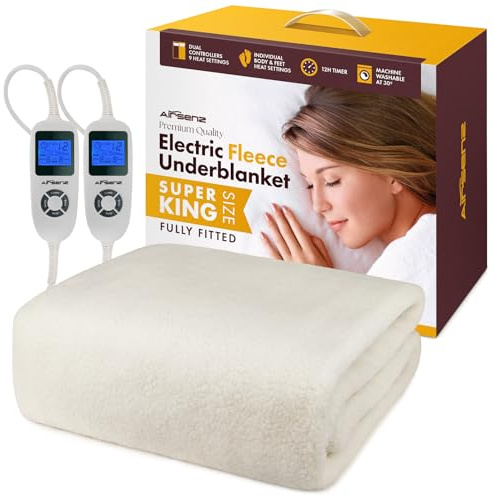 AIRSENZ Fully Fitted Fleece Super King Size Electric Blanket With Dual Controls - Deep Elasticated Skirt - Fits like a Fitted Sheet - 9 Heat Settings - Unique Body and Feet Settings - 12 Hour Timer