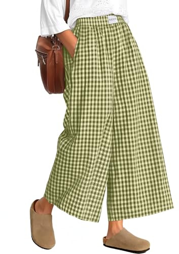 Neer Culottes - Pantalones de Gingham de Pierna Ancha, Cintura elástica, Estilo Casual, con Bolsillos | Pantalones de falda fluidos, culottes a cuadros o rayas, cómoda parte inferior de pijama, cintura elástica