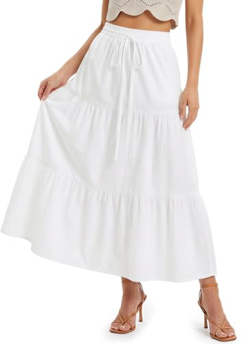 DiULi Jupe Longue Femme Taille Haute, Jupe Bohème Légère A-Line avec Cordons de Serrage, Ceinture Élastique, Volants Superposés, Robe Maxi pour Plage Vacances Été