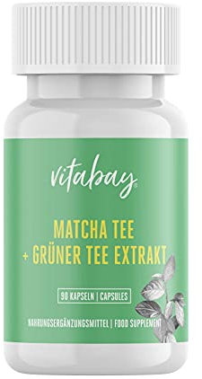 Vitabay Matcha Tee 300mg und Grüner Tee Extrakt 700 mg • 90 vegetarische Kapseln • Mit EGCG und Polyphenole • Enthält Aminosäure und Tannine • Bioverfügbar • Made in Germany