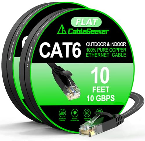 CableGeeker Cat 6 Flat Ethernet Cable 10ft 2Pack, 10Gbps, Black