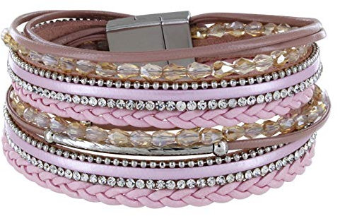 StarAppeal Armband Wickelarmband mit Perlen, Strass, Ketten und Flechtelement , Magnetverschluss Silber Matt, Damen Armband (Rosa)