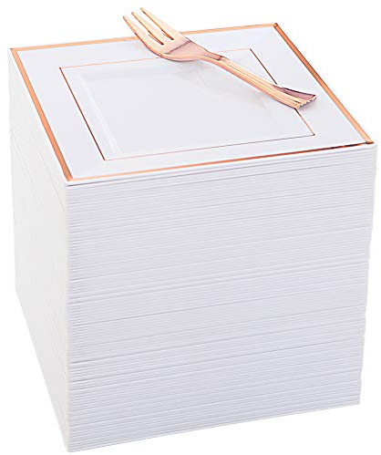 WDF 86pcs Rose Gold Dessert Plates 6 with 86 Pieces Disposable Forks 5, Elegant Square Appetizer Small Plastic Plates for Mother's Day, Wedding